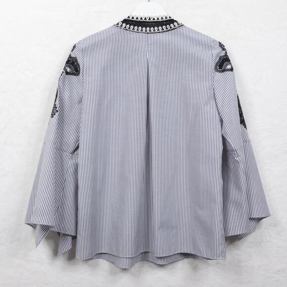 KOBI HALPERIN Skylyn Crochet Trimmed Navy Striped Bell Sleeve Blouse Sz S - Picture 7 of 9